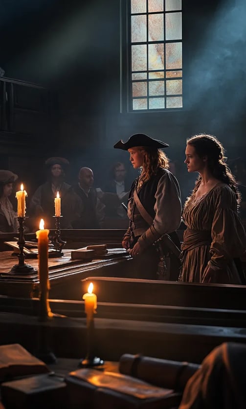 colonial courtroom in Spanish Town, Jamaica, Anne Bonny and Mary Read standing defiant