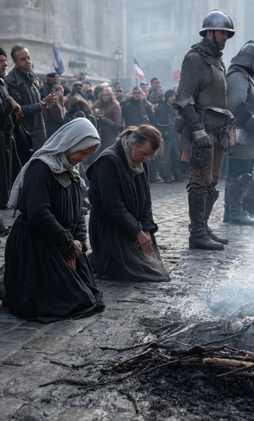 Mourning followers in dark wool cloaks and kerchiefs kneel in silent prayer
