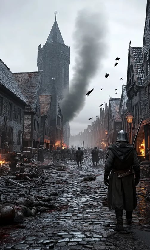 Post-conflict Utrecht with ruined medieval streets and solemn townsfolk after political violence.