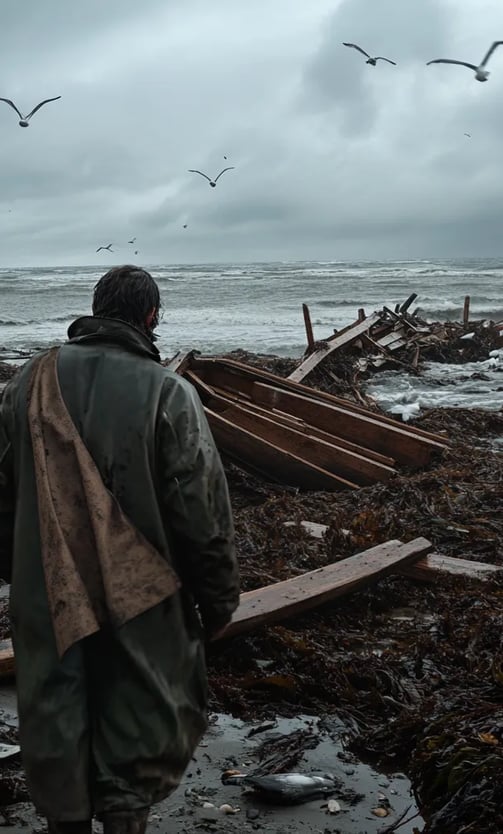 Early morning near Saint-Malo, gray skies over a desolate, wind-swept beach, wreckage of the Hilda