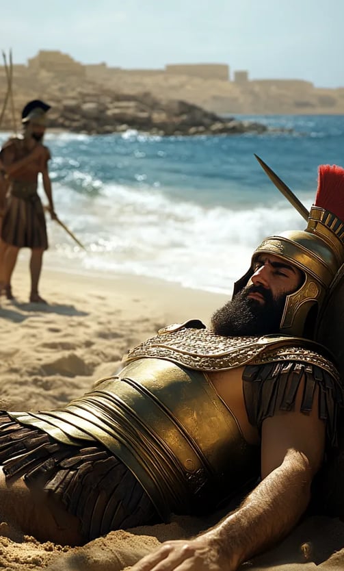 Pompey the Great lies lifeless on the beach, his body abandoned by the conspirators