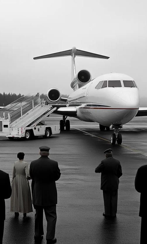  airport near Eugene, Oregon in spring 1963, the Boeing 727 descends onto a shorter runway
