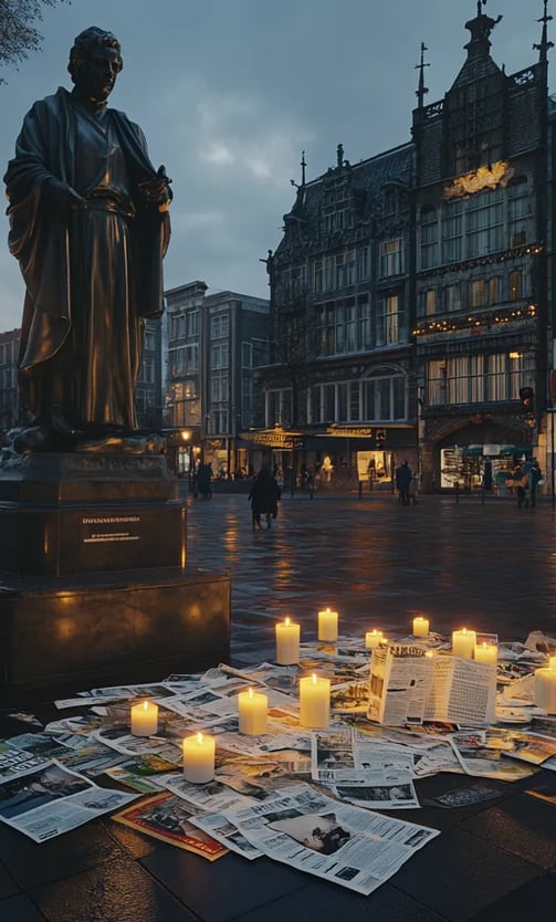 Memorial scene in Amsterdam with candles and tributes to socialist pioneer Domela Nieuwenhuis