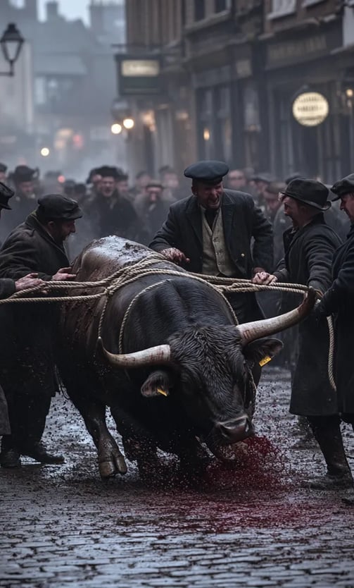 nal moments of the last Stamford bull run, burly townsmen wrestling the exhausted bull into submissi