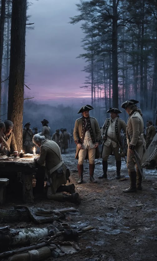 Washington, cloak draped over one arm, signs a parchment surrender