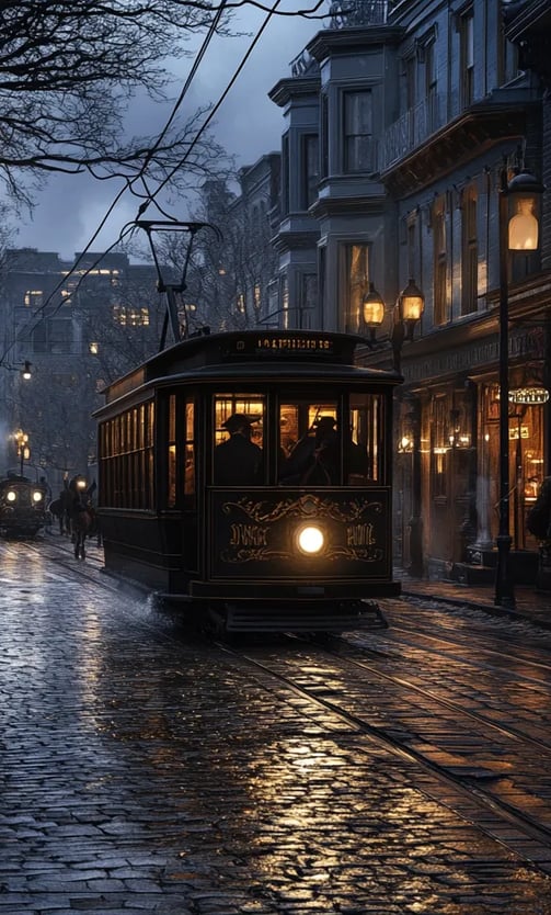gas lamps casting soft halos on slick cobblestones, streetcar rumbling quietly under starry night