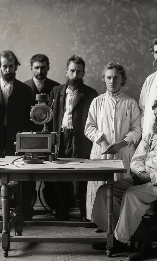 group of doctors gathered around an early X-ray machine