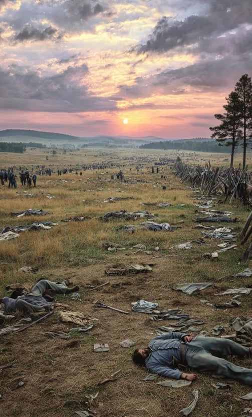 Cemetery Ridge at sunset: shattered Confederate banners lie on scorched yellow grass stained with tr