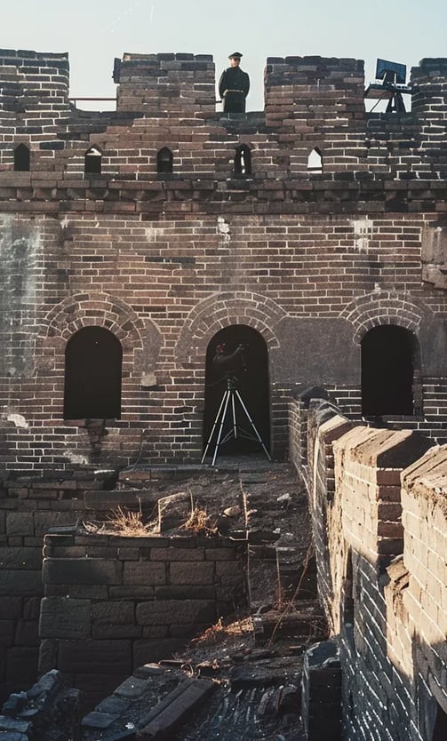 Great Wall Watchtower, 1970 – Mid-range shot of a Chinese guard standing atop a restored watchtower