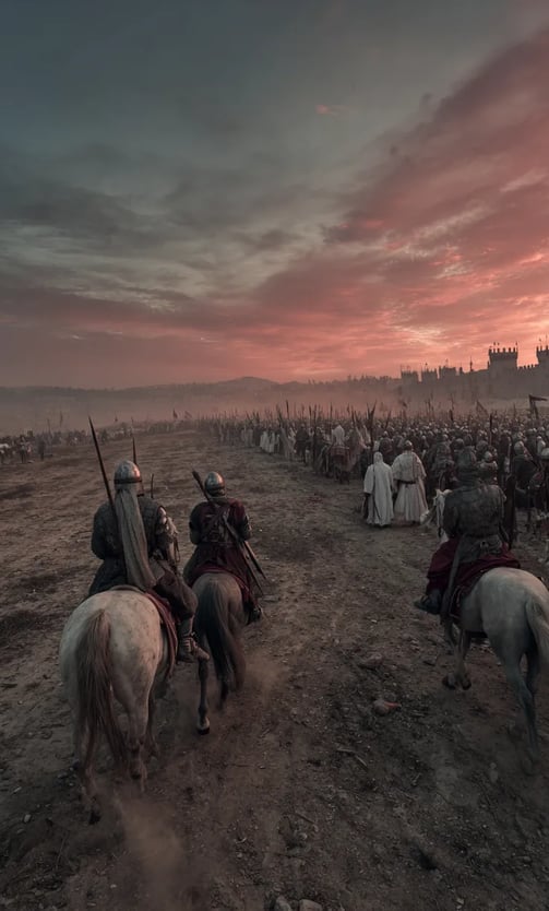 Saladin dismounts before a line of bound Crusader nobles in woolen cloaks