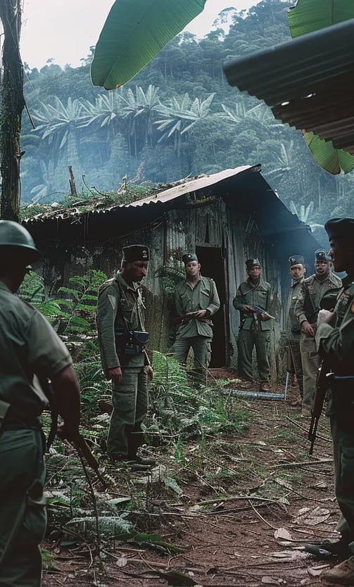  Bolivian soldiers standing outside the schoolhouse after Guevara’s execution.
