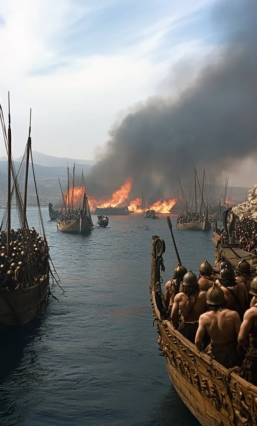 aftermath of the Battle of Salamis. The waters are littered with broken Persian ships and floating d