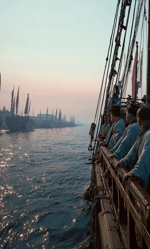 East China Sea, Sunset 1405: Reflection at Sea Golden-hour light glints off a line of 120-meter ship