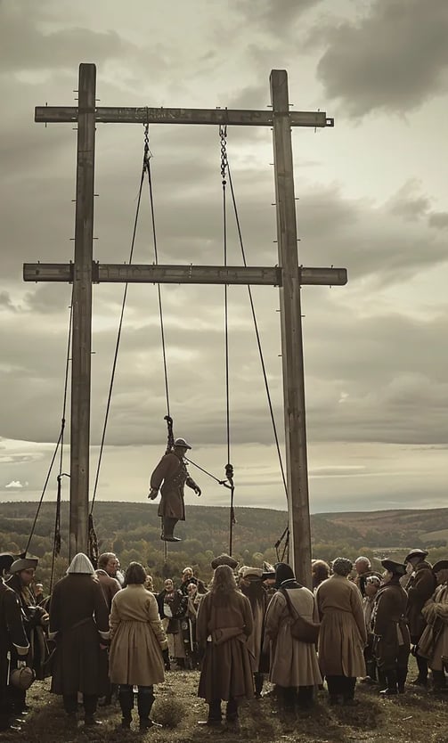 the lifeless figure of André hangs from the gallows.