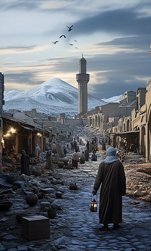 Shamakhi 1667 ruins at dusk with survivors amid collapsed architecture.