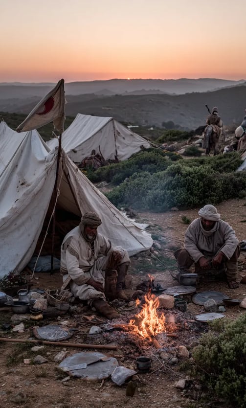 Berber tents of camel-hair cloth, central fire with warriors in turbans and wool breeches
