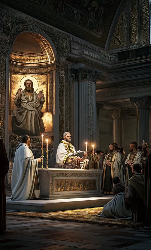 Theodosius receives blessing in Constantinople basilica, golden mosaics, prayer.