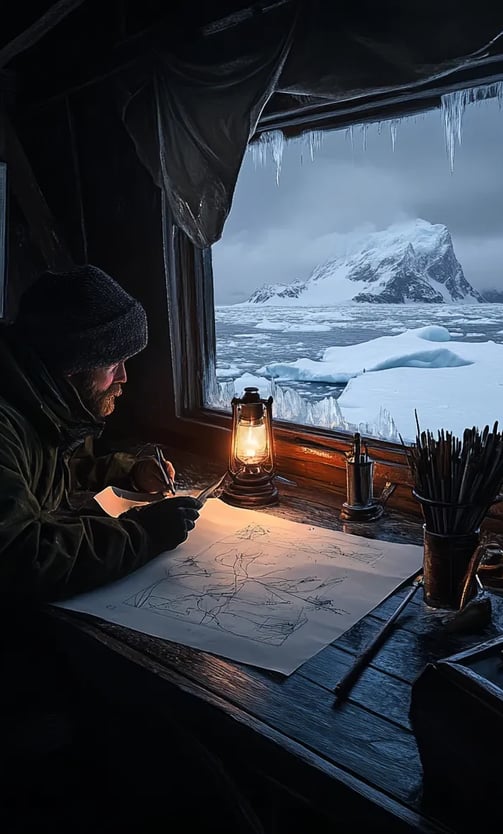 Inside a candlelit cabin, Palmer sketching coastline outlines by oil lamp
