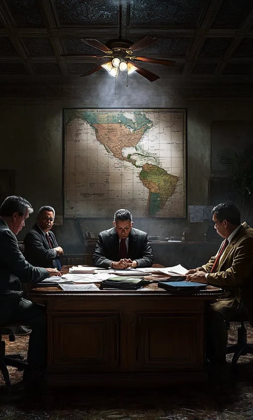 Interior of a dimly lit government office, Zelaya seated at a desk, hands clasped 