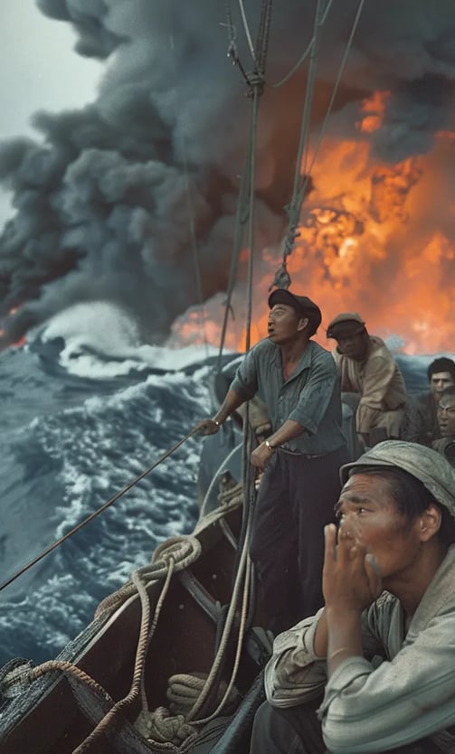 crew of fishermen looking up in shock as flaming wreckage from the spy plane splashes into the sea