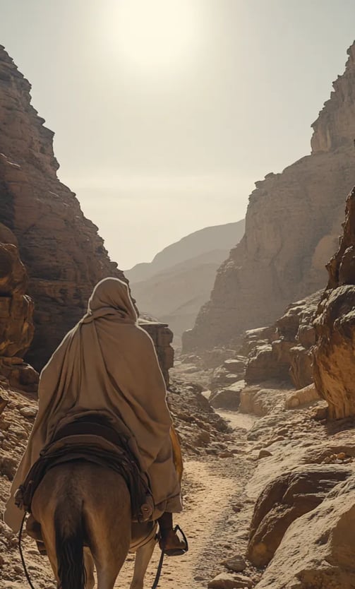 Willibald travels across the harsh Judean desert, sun glaring above, as he rides a mule
