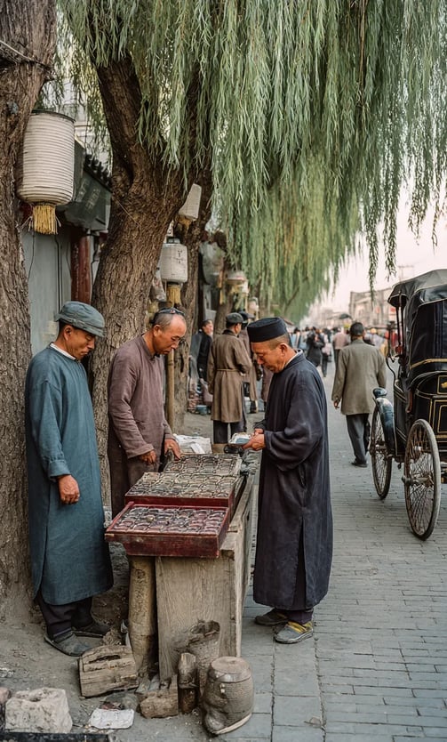 narrow Kaifeng alley, 1200, a street vendor in cotton tunic and wooden clogs displays smoke-quartz s