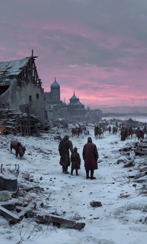 Kyiv: broken wall fragments, charred wooden roofs, and ruined onion-domed churches lie half-buried