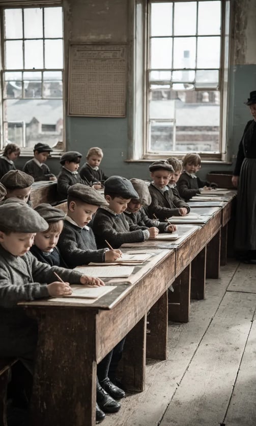 Liverpool classroom early 1871, rows of wooden desks and slate boards fill a bright room