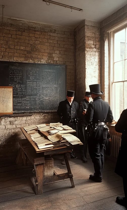 modest interior of an early London police station in 1829, with brick walls and wooden desks.