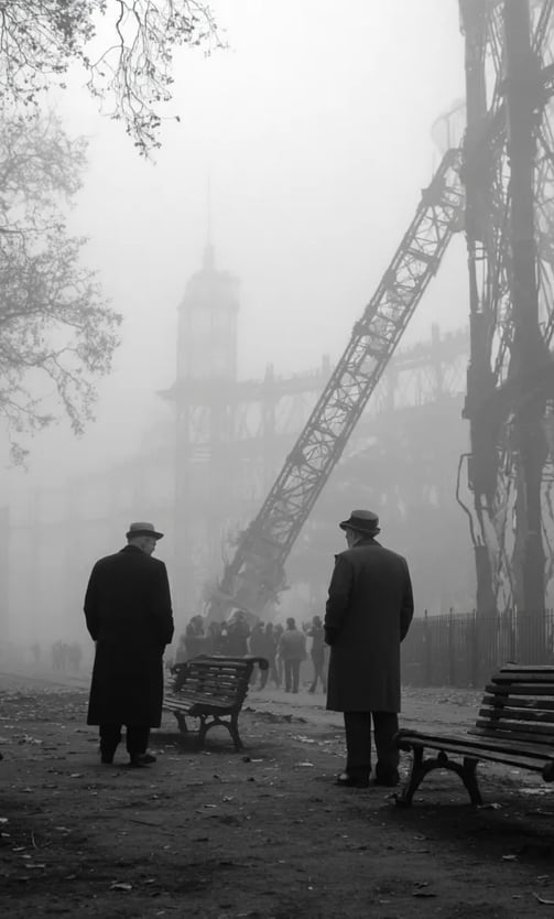 gray dawn over smoldering ruins of Crystal Palace: skeletal iron beams jut against a pale sky
