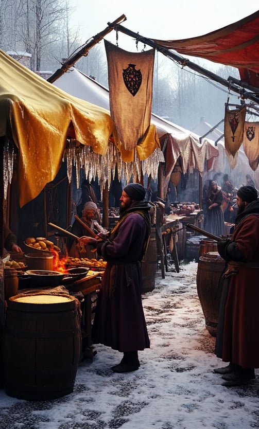 frost fair on River Thames, market tents, music, winter sunlight.