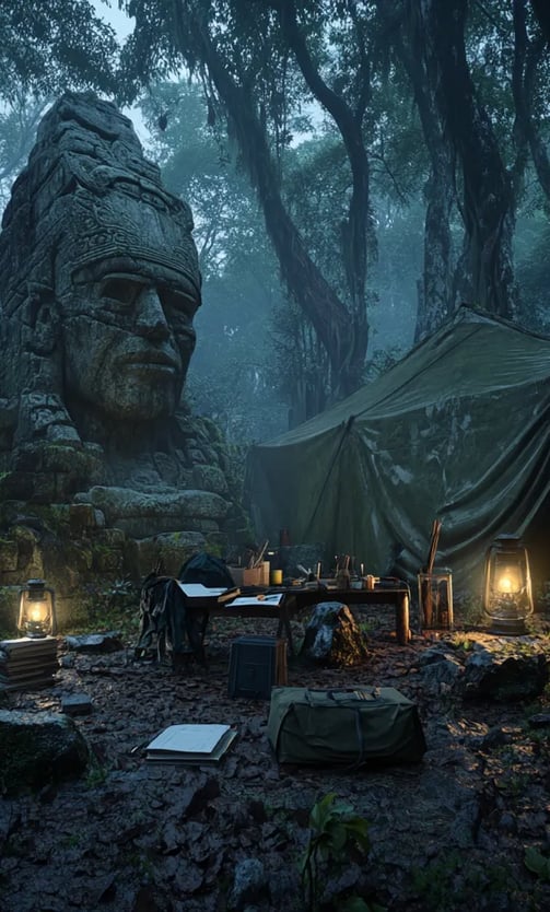 makeshift camp near the ruins, Catherwood detailing large architectural drawings by lamplight