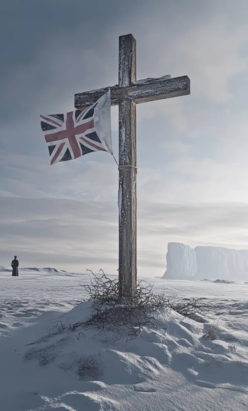 makeshift wooden cross erected over Scott’s final resting place, British flags flapping