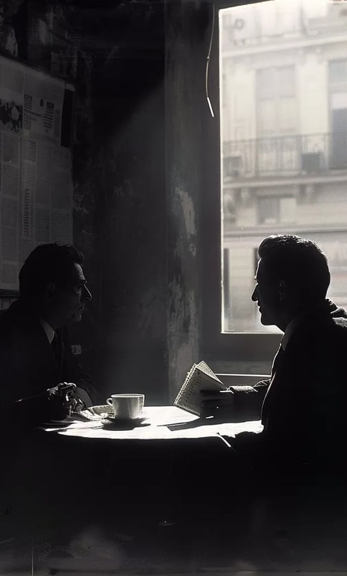 two shadowy figures in an upscale Italian café, whispering over an espresso