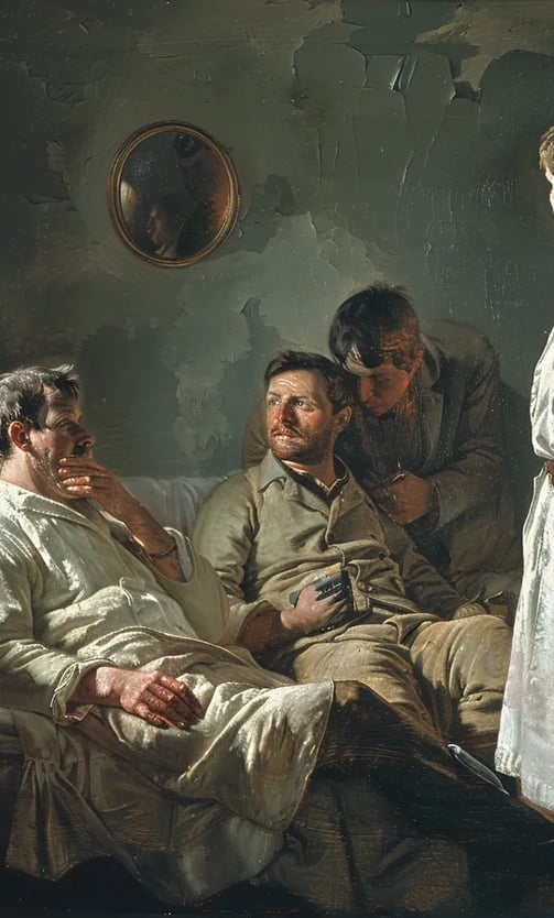 soldier with his newly reconstructed nose, sitting upright in bed
