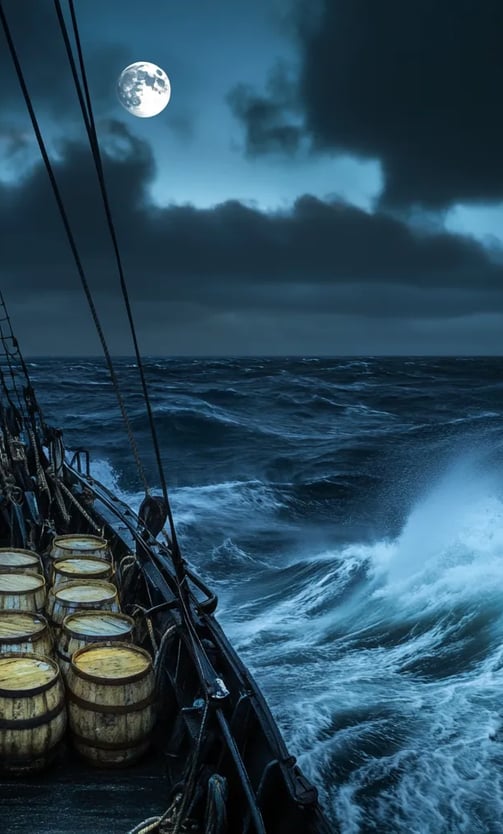 Moonlit Atlantic waves rolling endlessly under cloud-streaked night sky