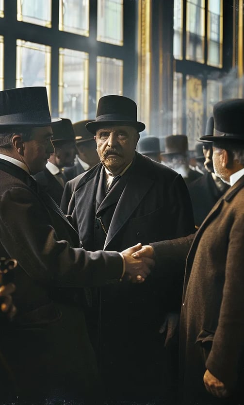exhausted bankers shaking hands as the crisis is resolved