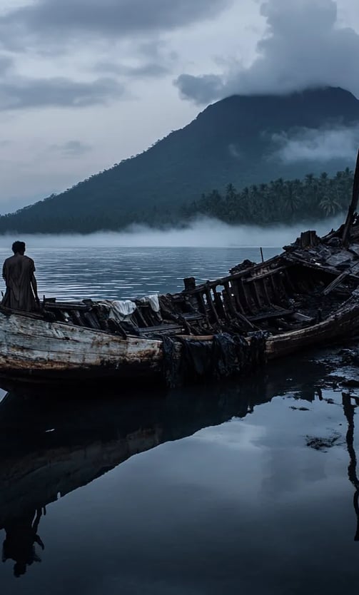 Morning light revealing wreckage of charred planks and scorched sails floating across