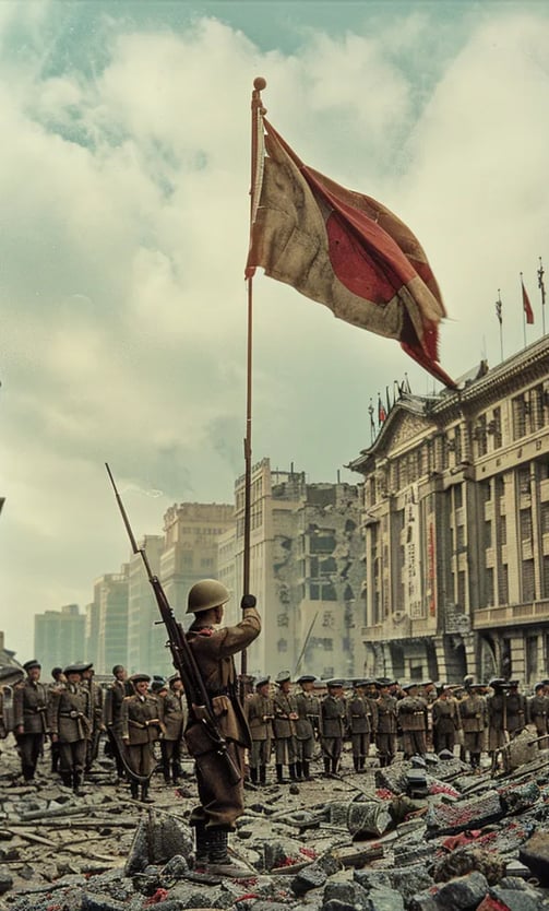Nanjing Road, Shanghai, 1937 – Mid-range shot of a Japanese officer raising his flag