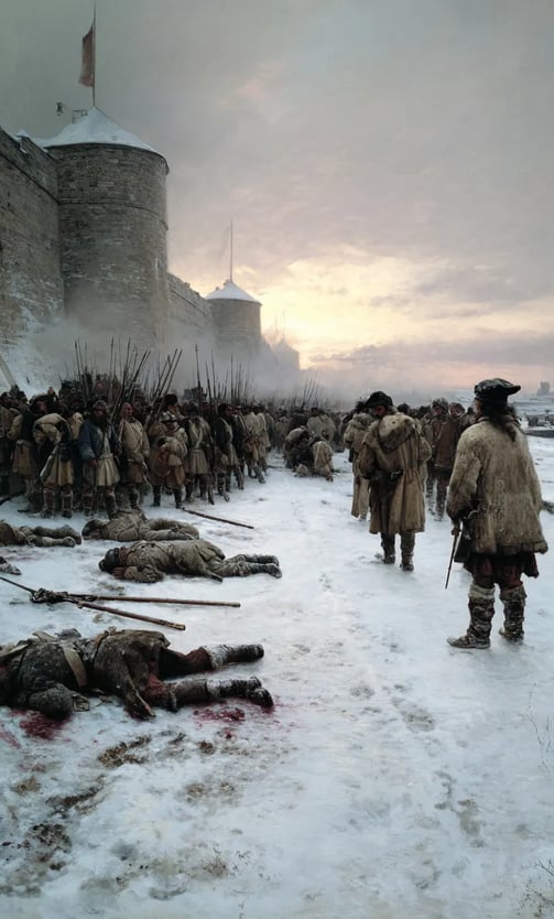 quieted—ragged Swedish troops in blood-streaked coats gather prisoners in ragged Russian uniforms