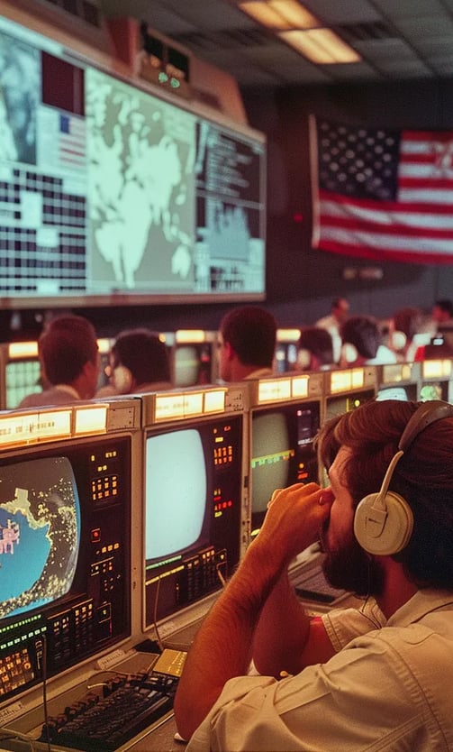NASA engineers leaning over their monitors, watching a live feed of Sullivan’s spacewalk
