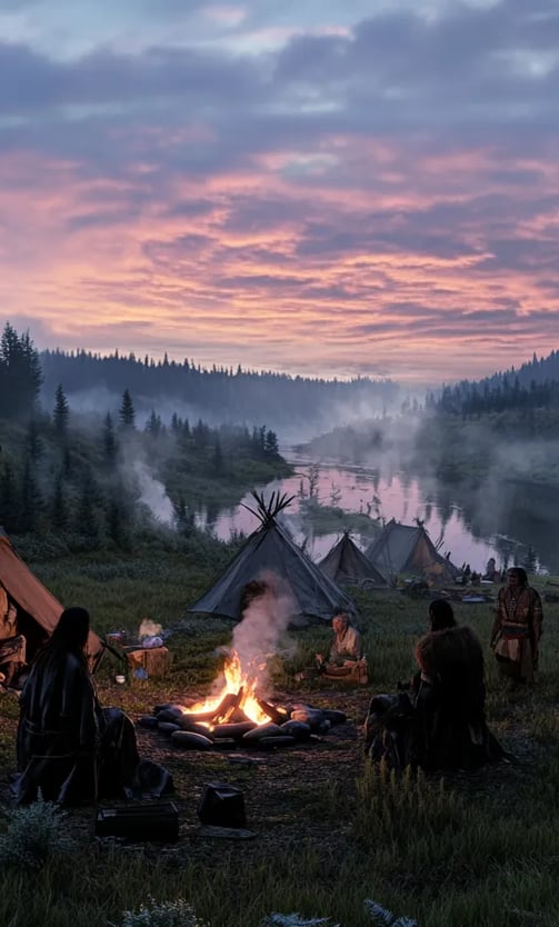 Native camp at twilight, tents and fire pits being packed up, families preparing to return