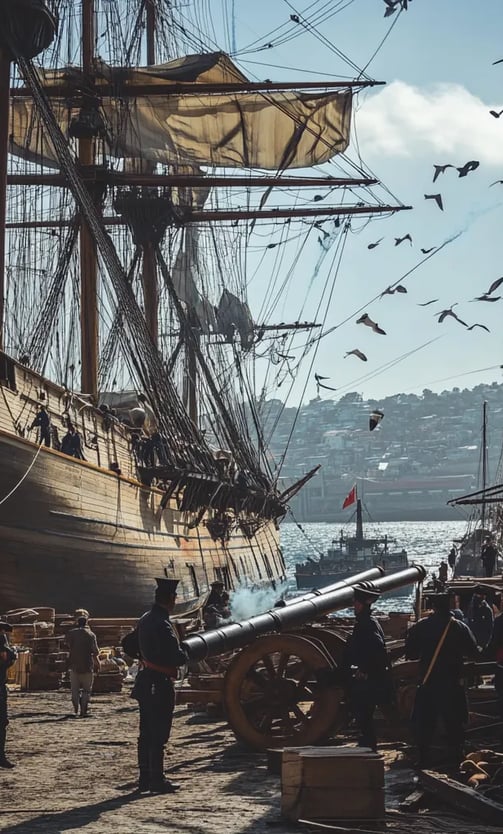Naval Clash Preparation: Chilean sailors load cannons onto a wooden frigate docked at Valparaiso’s 