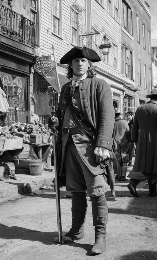 uniformed officer directs a carriage through a bustling market of fruit stalls and tavern signs