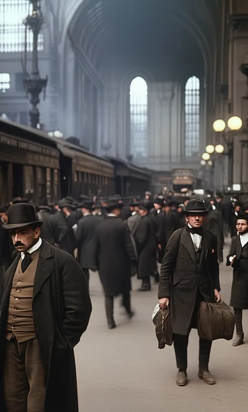 November 1910 Manhattan, travelers hustle to board electric-lighted platforms