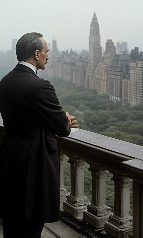 Rockefeller standing on the balcony of his mansion in 1916, overlooking Central Park. He stands with