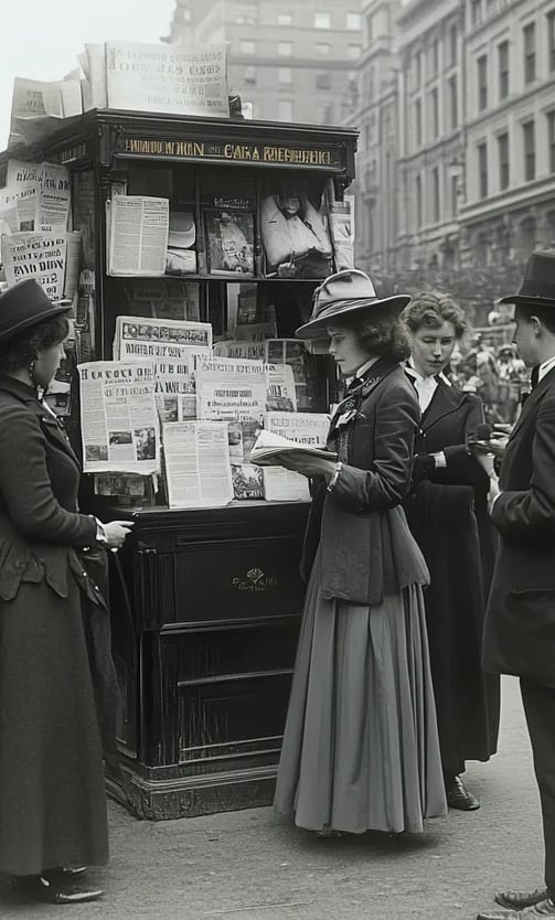 New York street corner with a newspaper stand in 1904. People in formal suits and wide hats gather, 