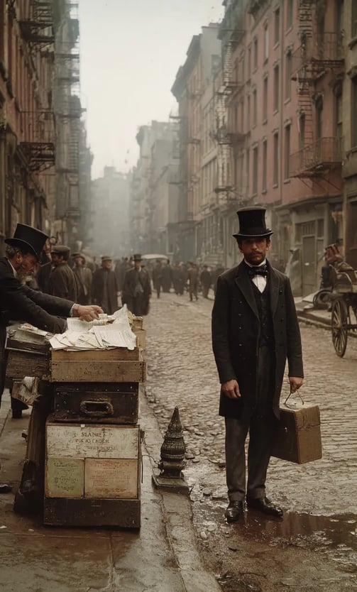 New York City, side street, late afternoon, 1863, exemption payment scene