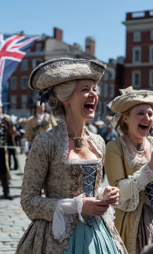 triumphant woman in an embroidered riding habit and tricorn hat holds aloft a parchment declaring pr