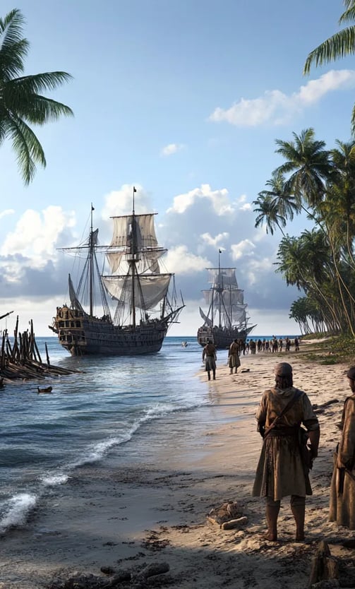 northern shoreline of Cuba, 1519, Spanish ships anchored in calm blue waters